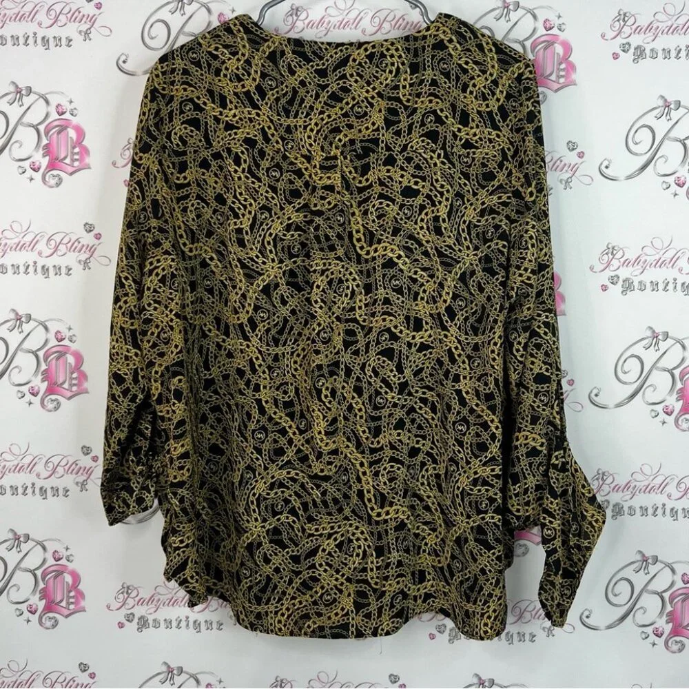 Michael Kors blouse chains ⛓️‍💥 link chain link Black Gold Chain Print Blouse